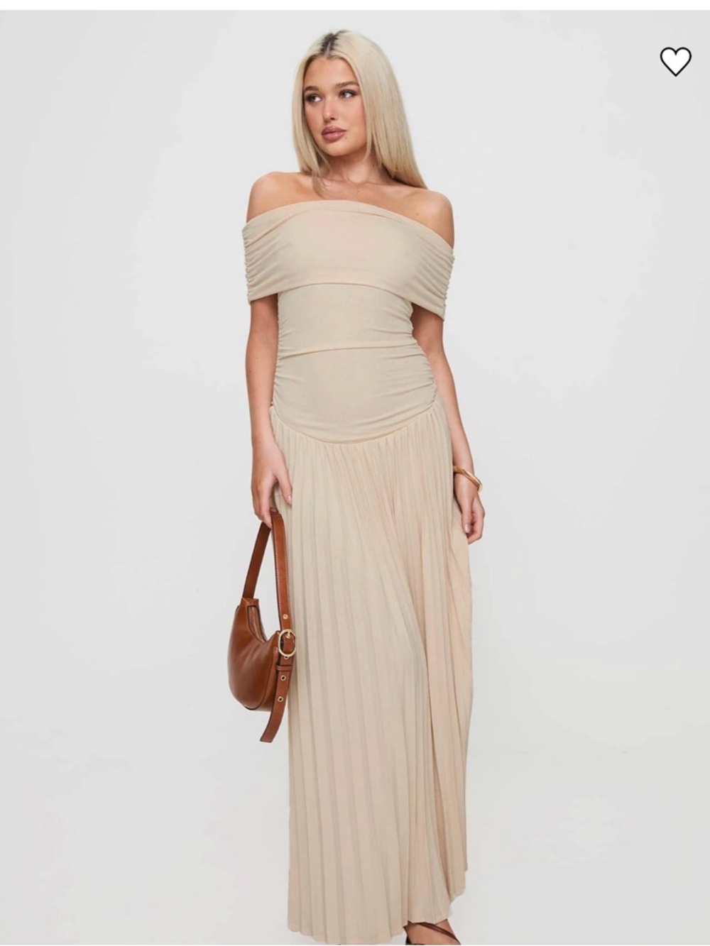Lioness Beige Off-Shoulder Pleated Maxi Dress
